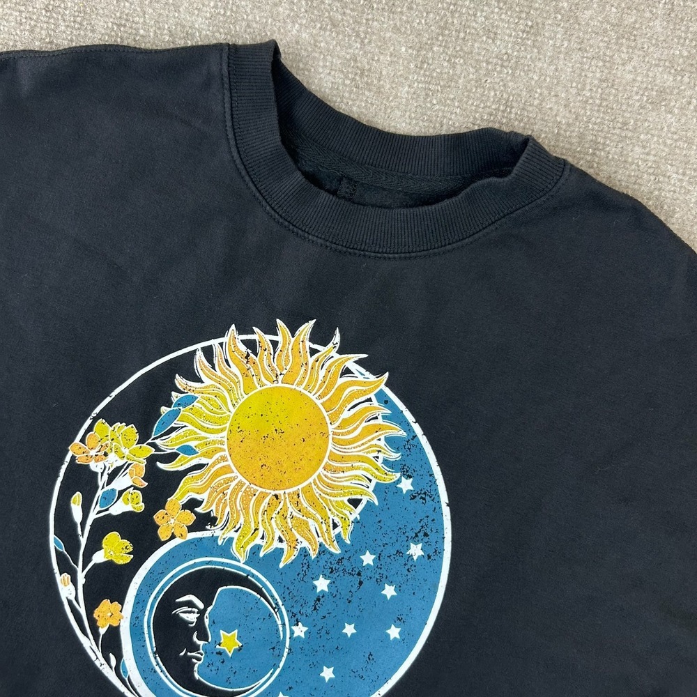 Rebellious One Sweatshirt Women Small Black Floral Sun And Moon On Graphic Print